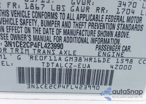 2015 Nissan Versa Note S (Sr)/S Plus/Sl/Sr/Sv z USA, uszkodzony, nr VIN 3N1CE2CP4FL423990